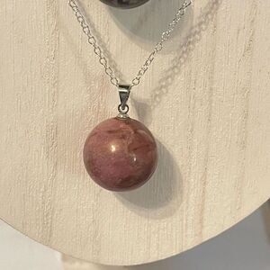 Rhodonite pink black mini sphere pendant 18” silver plated necklace crystal NEW